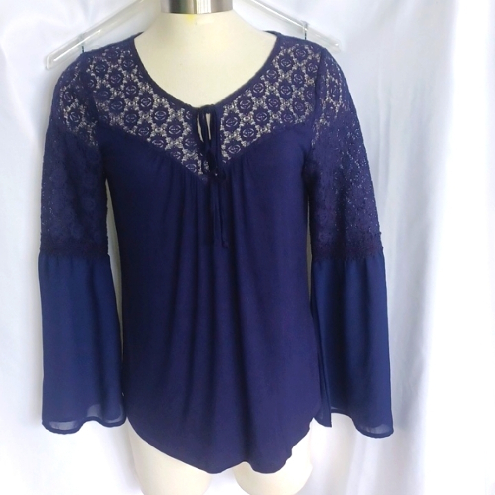 NWT August Silk Navy Lace Trim Top Sz. S, Bell Sleeve, 19" PTP, 25" L